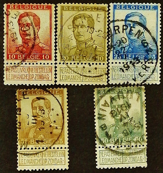 Набор марок с этикеткой (5 шт.). "Король Альберт I". 1912 год, Бельгия.