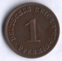 Монета 1 пфенниг. 1907 год (A), Германская империя.