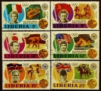 Набор почтовых марок (6 шт.). "Летние Олимпийские игры - Мюнхен`1972 (медали)". 1973 год, Либерия.