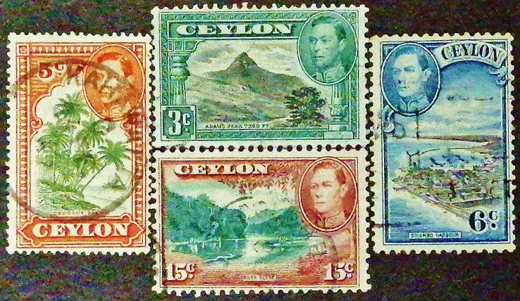 Набор почтовых марок (4 шт.). "Король Георг VI и пейзажи". 1938-1943 годы, Цейлон.