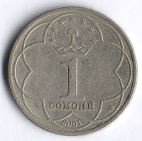 Монета 1 сомони. 2001 год, Таджикистан. Исмаил Сомони.
