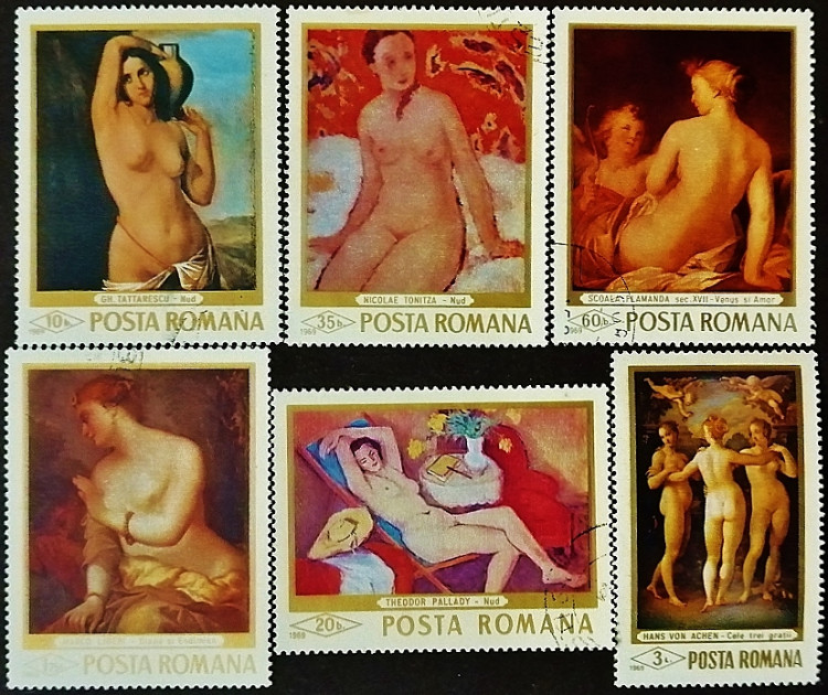 Набор почтовых марок (6 шт.). "Живопись - Обнаженная натура". 1969 год, Румыния.