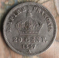 Монета 20 сантимов. 1867(A) год, Франция.