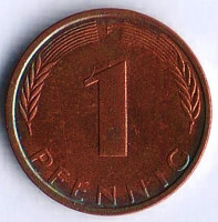 Монета 1 пфенниг. 1973(F) год, ФРГ.