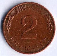 Монета 2 пфеннига. 1989(G) год, ФРГ.