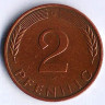 Монета 2 пфеннига. 1989(G) год, ФРГ.