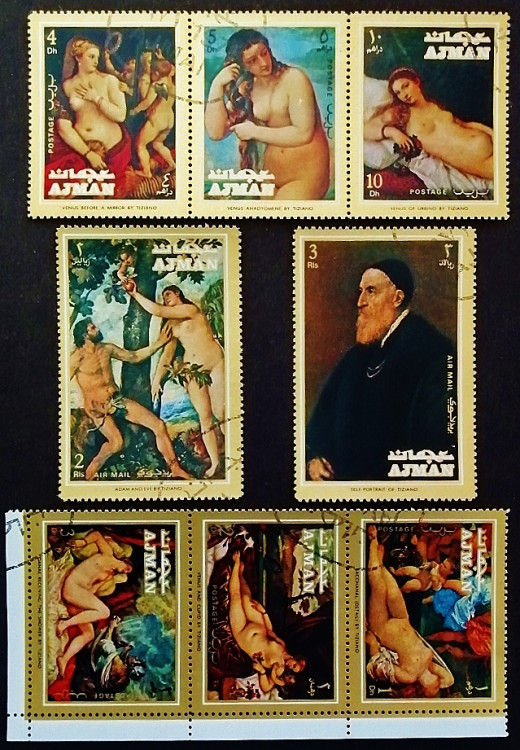 Набор марок (8 шт.) с блоком. "Картины Тициано Вечеллио". 1971 год, Аджман.