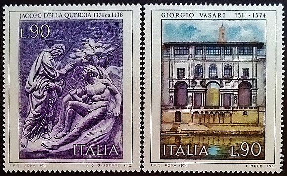 Набор марок (2 шт.). "Итальянское искусство (I)". 1974 год, Италия.