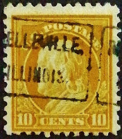 Почтовая марка (10 c.). "Бенджамин Франклин". 1917 год, США. Предварительное гашение "BELLEVILLE./ILLINOIS.".