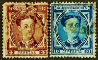 Набор почтовых марок (2 шт.). "Король Альфонсо XII". 1876 год, Испания.