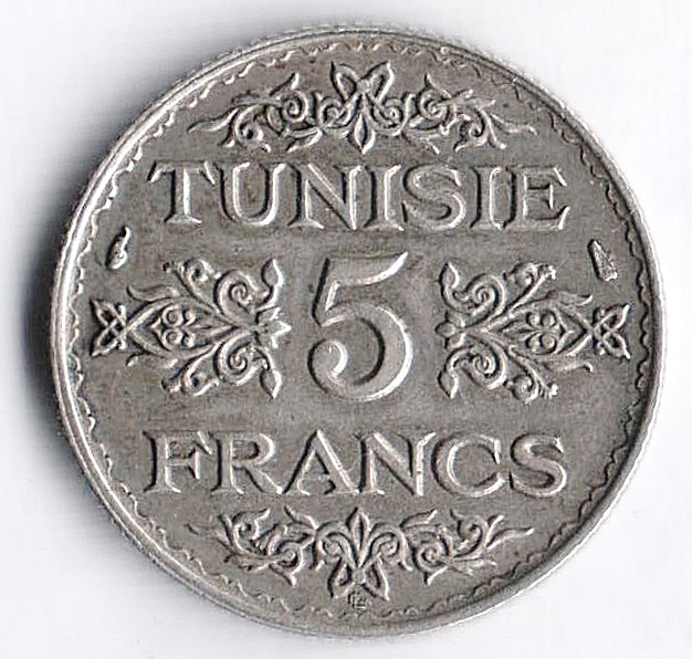 Монета 5 франков. 1934(١٣٥٣) год, Тунис (протекторат Франции).