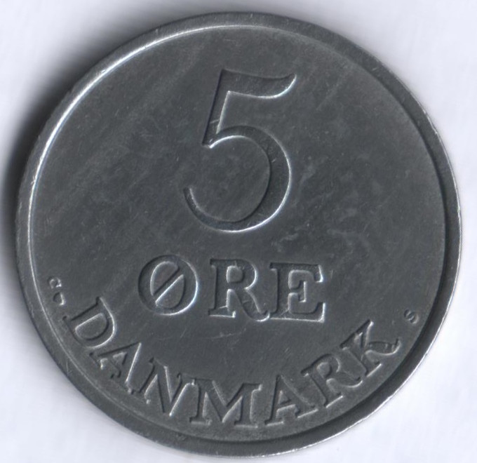Монета 5 эре. 1956 год, Дания. С;S.