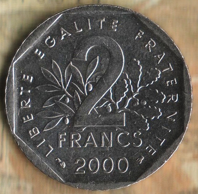 Монета 2 франка. 2000 год, Франция.
