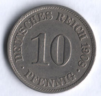 Монета 10 пфеннигов. 1908 год (A), Германская империя.
