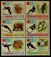 Набор почтовых марок (6 шт.). "Зимние Олимпийские игры - Саппоро`1972: Представители фауны". 1971 год, Либерия.