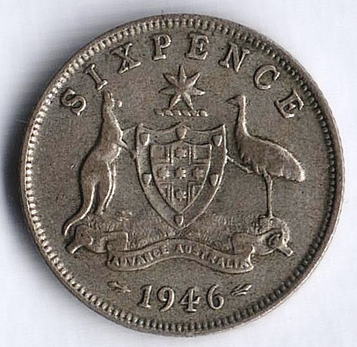 Монета 6 пенсов. 1946(m) год, Австралия.