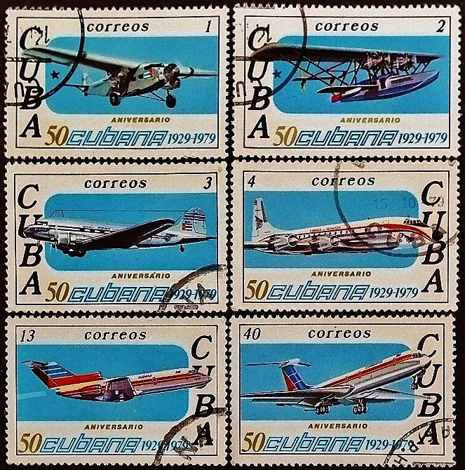Набор почтовых марок (6 шт.). "50-летие авиакомпании CUBANA". 1979 год, Куба.