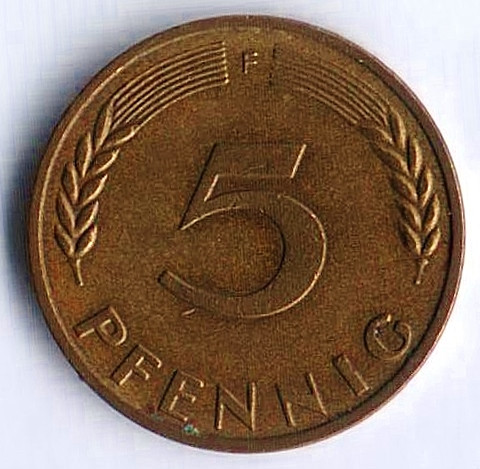 Монета 5 пфеннигов. 1970(F) год, ФРГ.