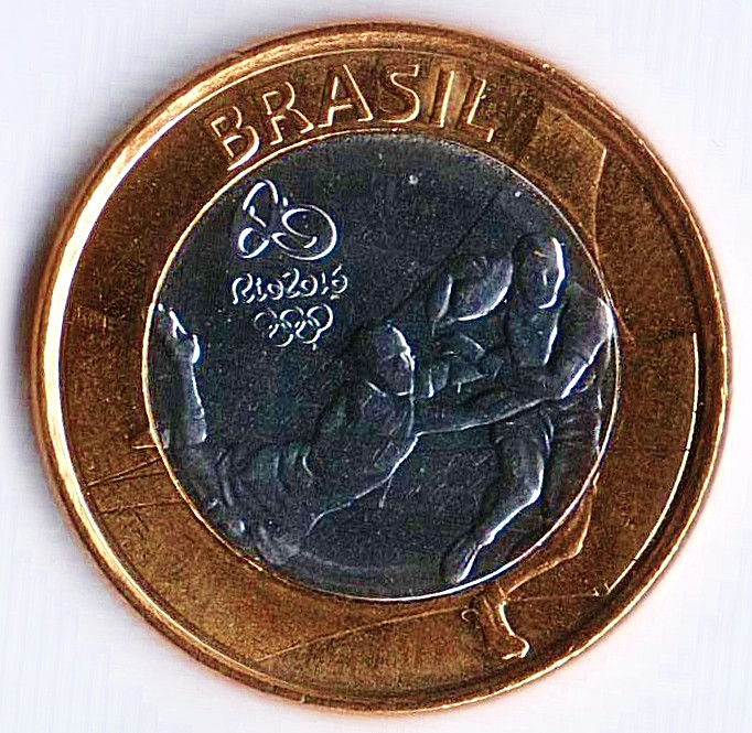 Монета 1 реал. 2015 год, Бразилия. Олимпийские Игры "Рио-2016", регби.