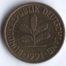 Монета 5 пфеннигов. 1991 год (F), ФРГ.