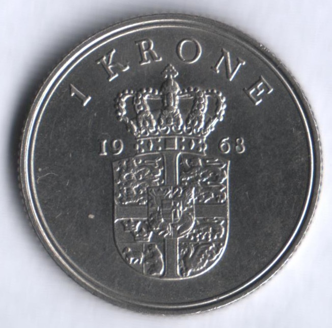 Монета 1 крона. 1968 год, Дания. C;S.