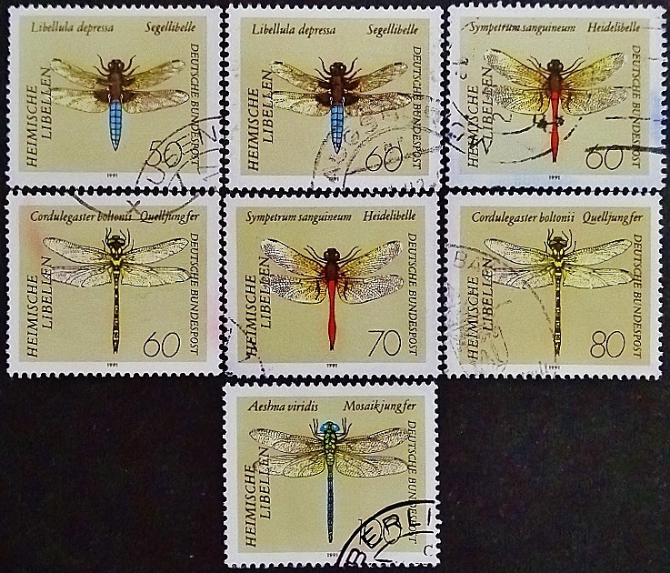 Набор почтовых марок (7 шт.). "Стрекозы". 1991 год, ФРГ.