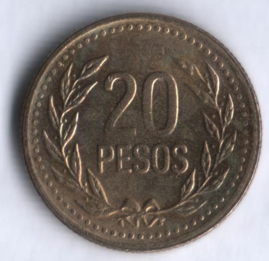 Монета 20 песо. 1994 год, Колумбия.