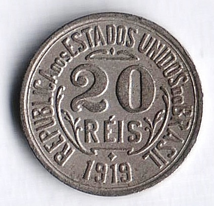 Монета 20 рейсов. 1919 год, Бразилия.