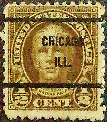 Почтовая марка (⅟₂ c.). "Натан Хейл". 1925 год, США. Предварительное гашение "CHICAGO/ILL.".