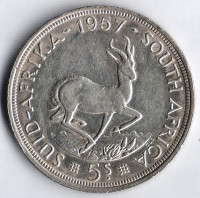 Монета 5 шиллингов. 1957 год, Южная Африка.