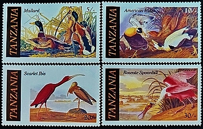 Набор марок (4 шт.). "200 лет со дня рождения Джона Джеймса Одюбона". 1986 год, Танзания.