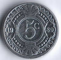 Монета 5 центов. 1989 год, Нидерландские Антильские острова.