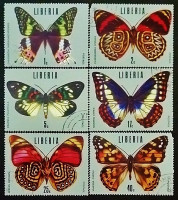 Набор почтовых марок (6 шт.). "Тропические бабочки". 1974 год, Либерия.