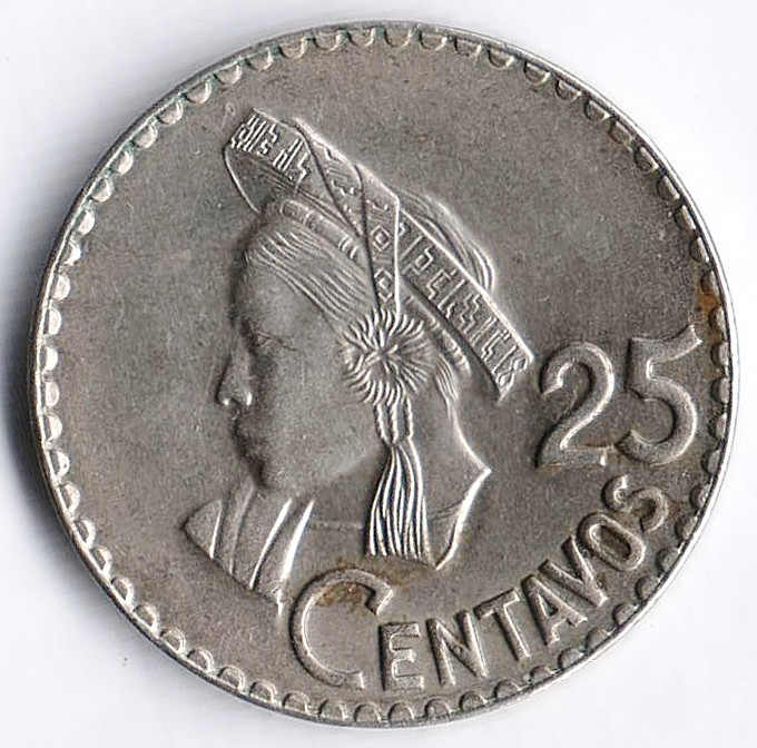 Монета 25 сентаво. 1968 год, Гватемала.