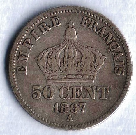 Монета 50 сантимов. 1867(A) год, Франция. Вариант аверса 1.