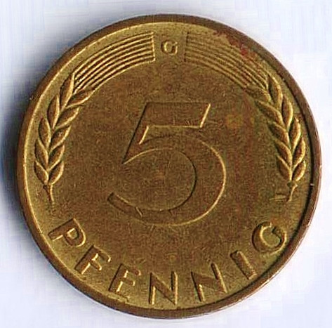 Монета 5 пфеннигов. 1970(G) год, ФРГ.