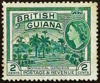 Почтовая марка (2 c.). "Королева Елизавета II и местные пейзажи". 1954 год, Британская Гвиана.