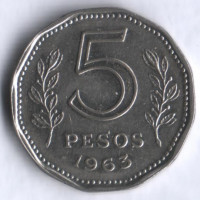 Монета 5 песо. 1963 год, Аргентина.