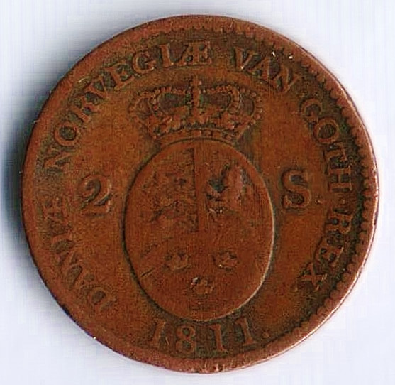 Монета 2 скиллинга. 1811(IC) год, Дания.