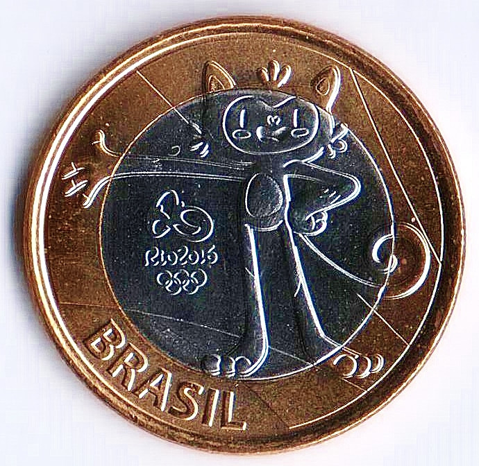 Монета 1 реал. 2016 год, Бразилия. Олимпийские Игры "Рио-2016", талисман Олимпийских Игр.