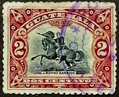 Почтовая марка (2 c.). "Статуя Хусто Руфино Барриоса". 1902 год, Гватемала.