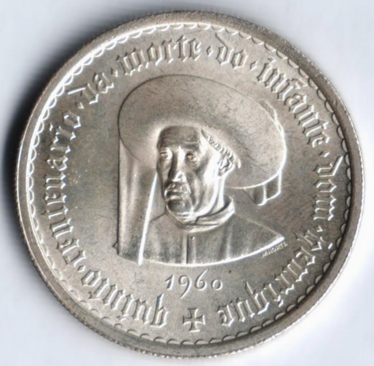 Монета 10 эскудо. 1960 год, Португалия. 500 лет со дня смерти принца Генриха Мореплавателя.