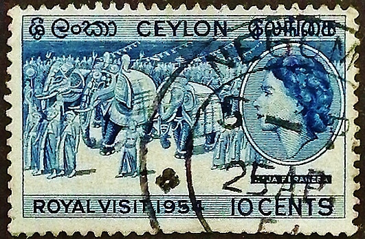 Почтовая марка (10 c.). "Королевский визит". 1954 год, Цейлон.