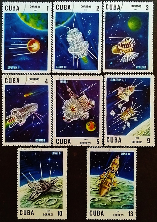 Набор почтовых марок (8 шт.). "10-летие запуска первого искусственного спутника Земли". 1967 год, Куба.