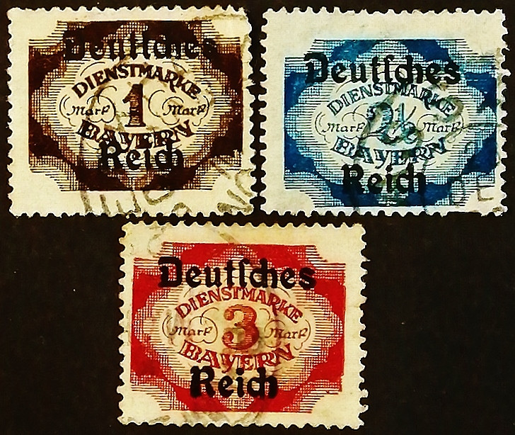Набор марок (3 шт.). "Официальный выпуск Баварии (с надпечаткой)". 1920 год, Германский Рейх.