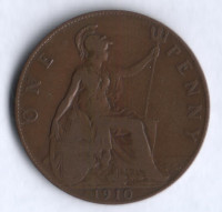 Монета 1 пенни. 1910 год, Великобритания.