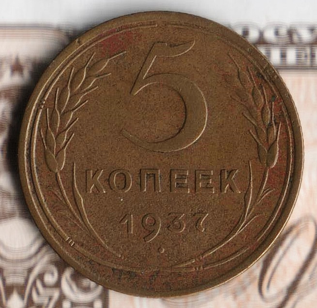Монета 5 копеек. 1937 год, СССР. Шт. 1.1.