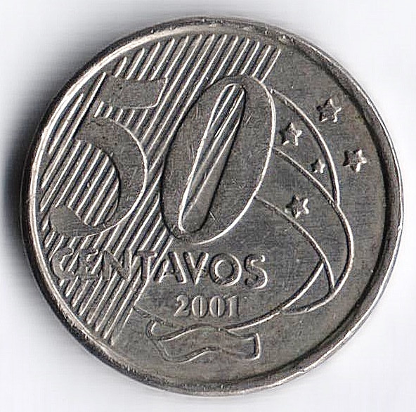 Монета 50 сентаво. 2001 год, Бразилия.