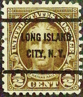 Почтовая марка (⅟₂ c.). "Натан Хейл". 1925 год, США. Предварительное гашение "LONG ISLAND/CITY, N.Y.". Почтовая марка (⅟₂ c.). "Натан Хейл". 1925 год, США. Предварительное гашение "LONG ISLAND/CITY, N.Y.".