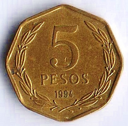Монета 5 песо. 1994 год, Чили.